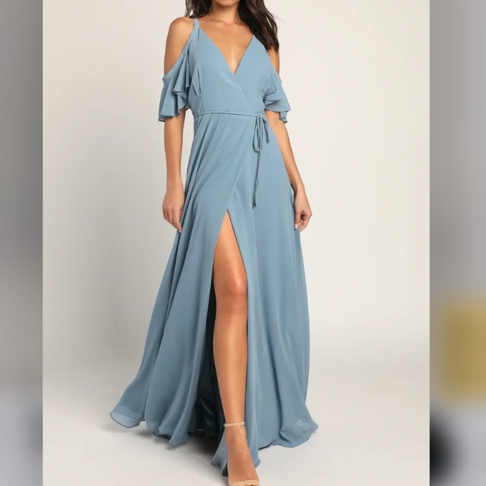 Lulu’s Easy Listening Slate Blue Cold-Shoulder Wrap Maxi Dress